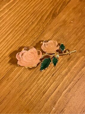 Translucent pink rose brooch on gold tone with fold under clasp 2 1/4 “